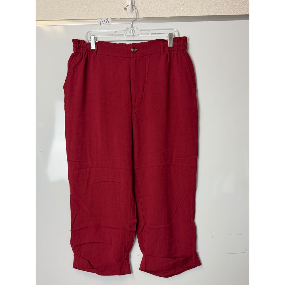 Halara Red Cropped Paperbag Waist Pants Relaxed Wide Leg Cuffed Hem Pockets